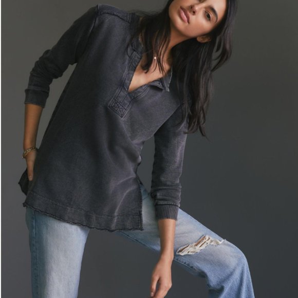 anthropologie Tops - Pilcro | Split-Hem Tunic Top Color Carbon Long Sleeve V Neck Size Small